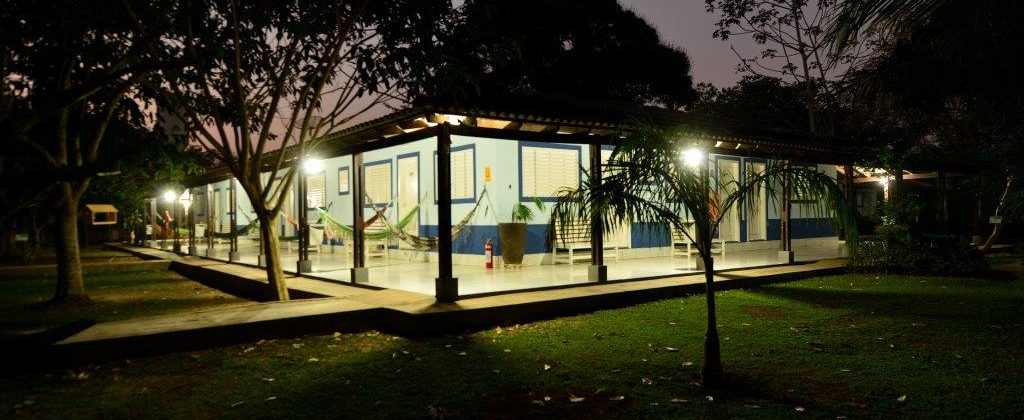 Outside view of pousada Rio Clara at sunset. 