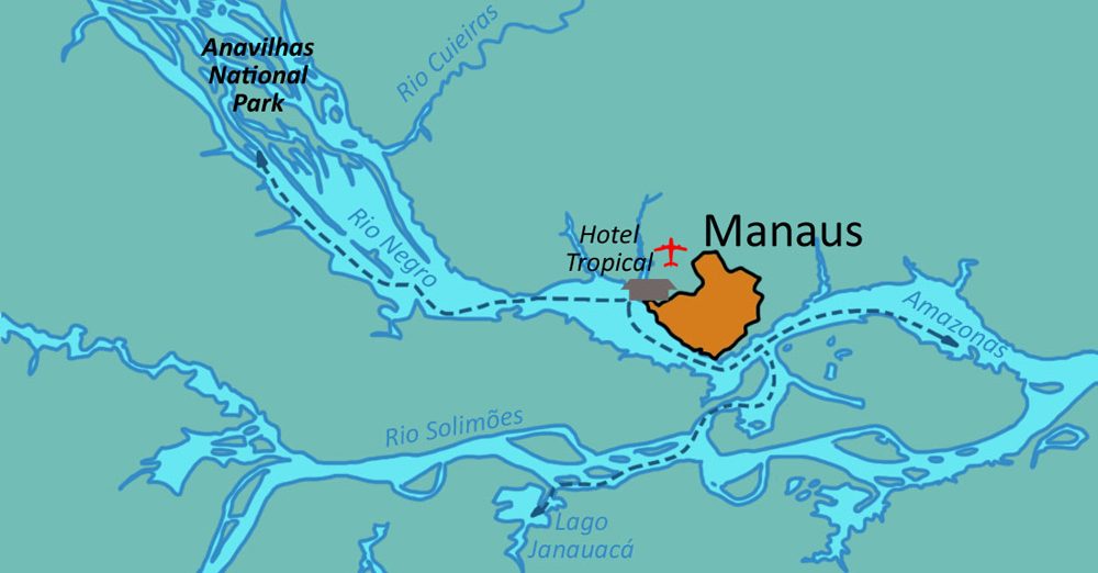 The Amazon and Rio Negro rivers, in relation to Manaus. 