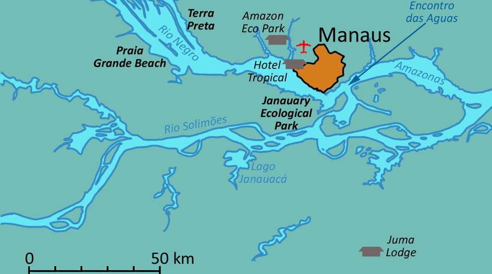 Map showing the Juma lodge in the Amazon. 