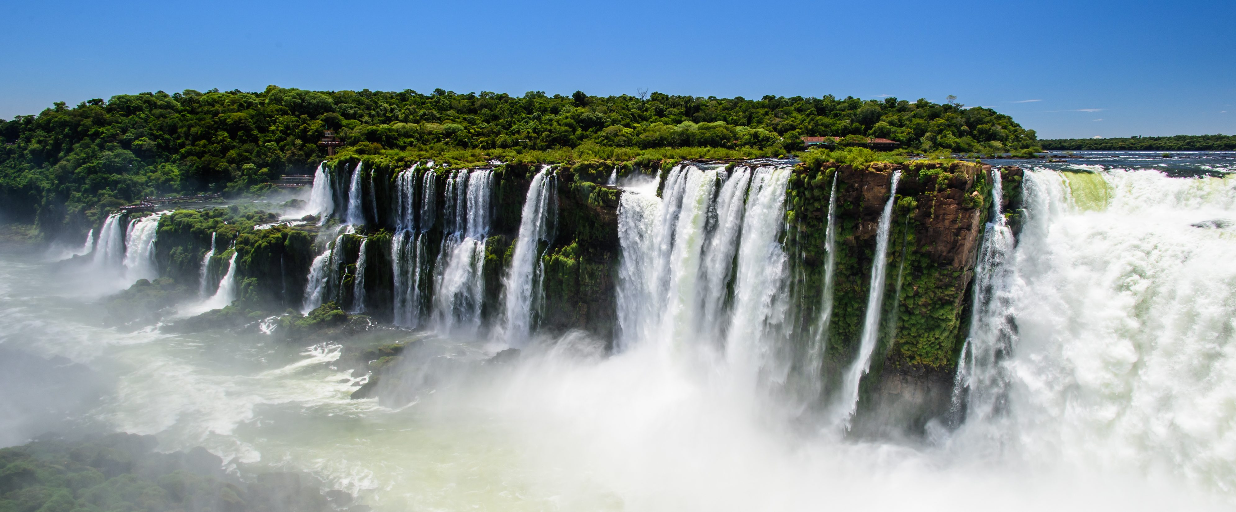A panoramic view of the mighty Iguacu Falls.