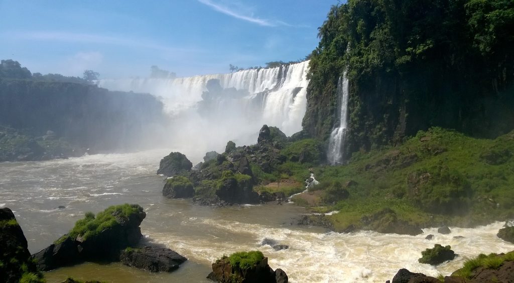 The footbridge that goes along the bottom of the waterfalls. 