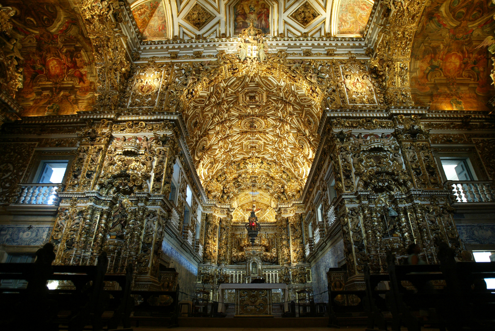 Golden interiror of historic building in Salvador de Bahia. 