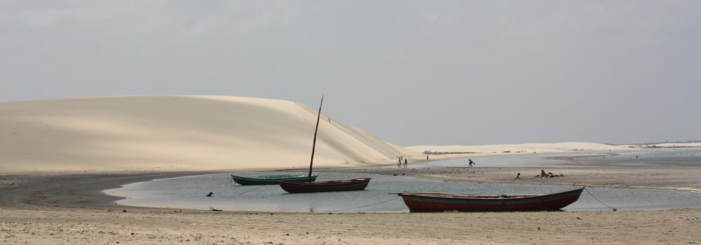 Jangadas on the beach at low tide in Nordeste.