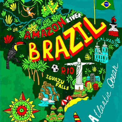 Geography map of Brazil in cartoon style.
