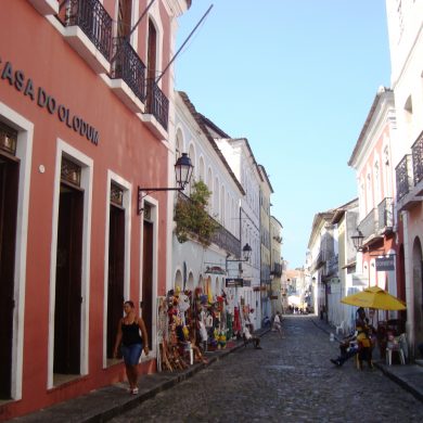 People selling souvenirs on the street in Pelourinho in Salvador de Bahia.