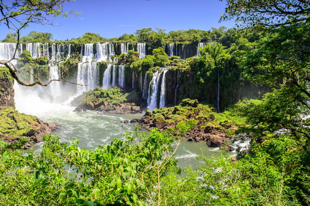 The sun shinging on the water at Iguazu. 