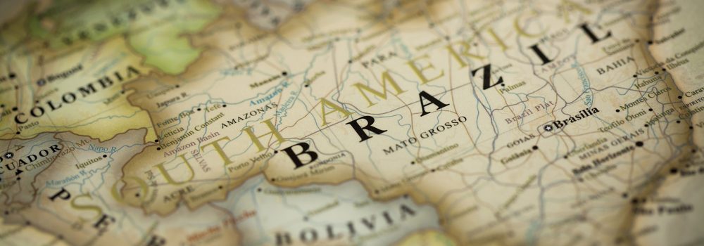 Close-up of Brazil on map.