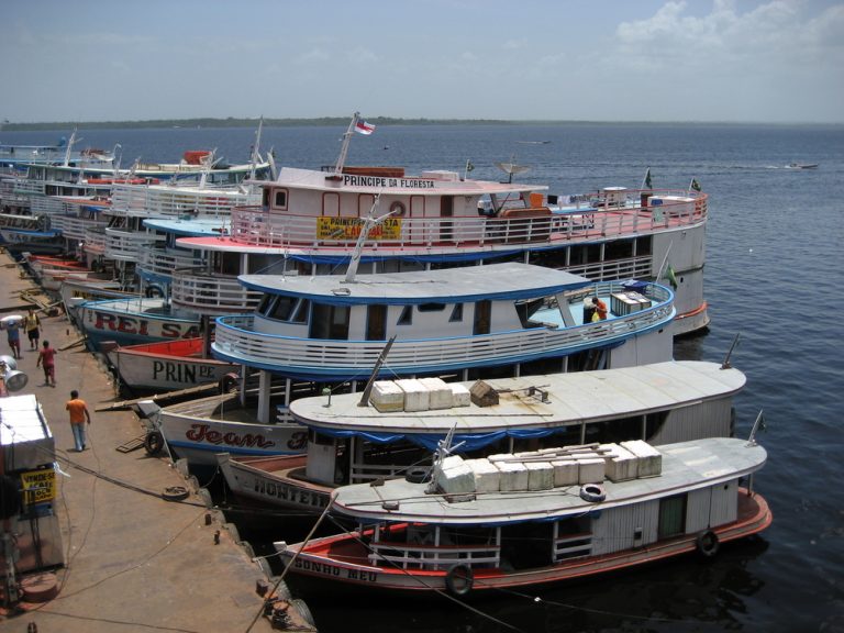 Tourist and sightseeing boats docked up at Manaus port. 
