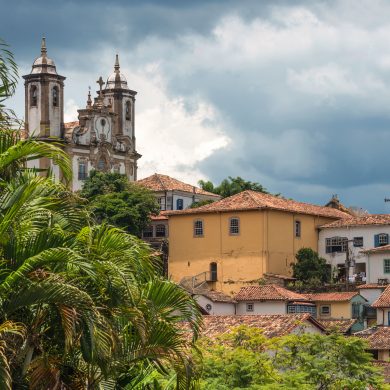 A picture looking up at Ouro preto from below.