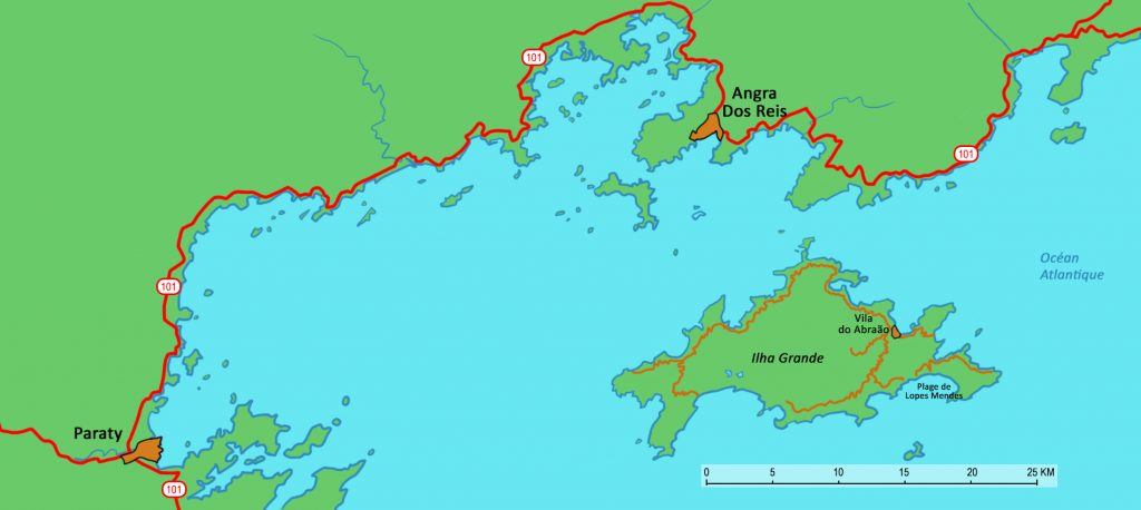 Map of the Costa Verde outlining where Ilha Grande is. 