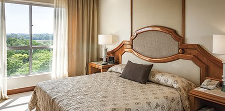 An elegant room with a beautiful view at hotel das cataratas. 