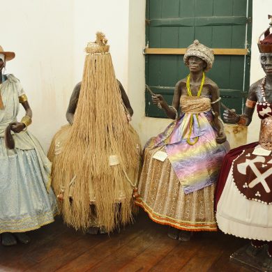 Four statues of Orixais, spirits of the Candomble religion.