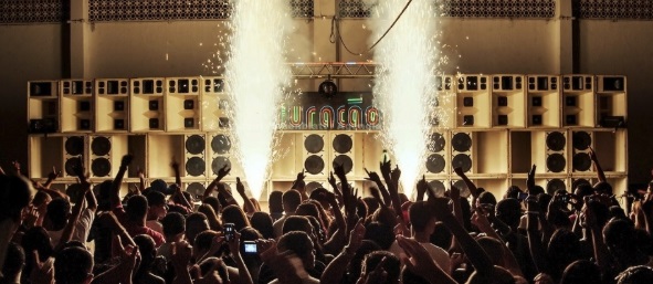 A huge sound system powers a baile de funk in Rio.