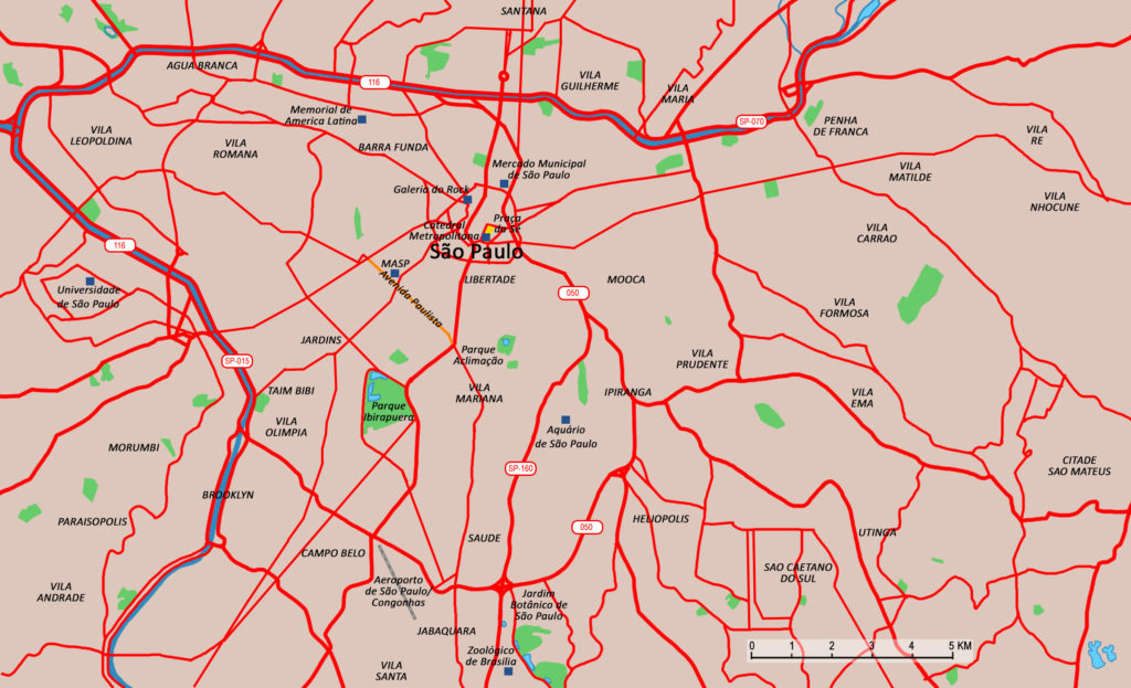 A map of São Paulo with highlighted points of interest.